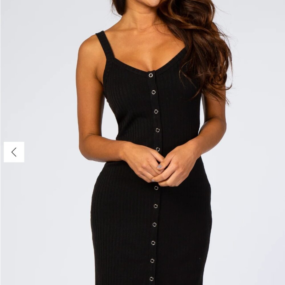 All in Favor Black Ribbed Button-Front Slip Dress – Size M